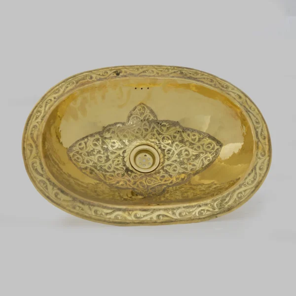 Oval Brass Bathroom Sink – Engraved Antique Drop-In Basin – Handmade Solid Brass - Image 2