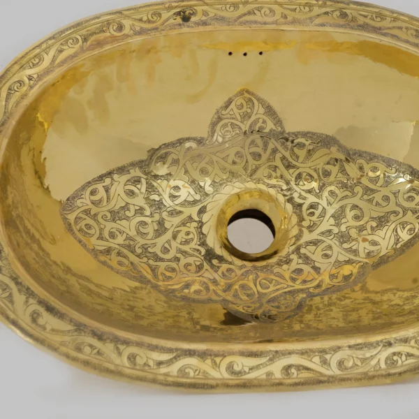 Oval Brass Bathroom Sink – Engraved Antique Drop-In Basin – Handmade Solid Brass - Image 3