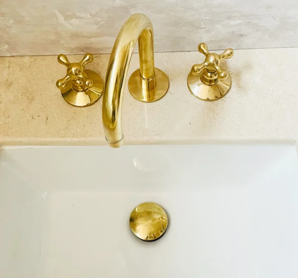 Unlacquered Brass Bathroom Faucet, 3-Hole Deck Mount Vanity Faucet, Solid Brass Faucet with Dual Handles - Image 3