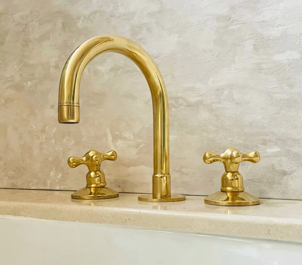 Unlacquered Brass Bathroom Faucet, 3-Hole Deck Mount Vanity Faucet, Solid Brass Faucet with Dual Handles