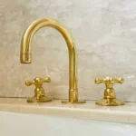 Unlacquered Brass Bathroom Faucet, 3-Hole Deck Mount Vanity Faucet, Solid Brass Faucet with Dual Handles