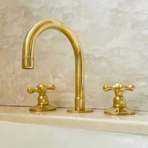 Unlacquered Brass Bathroom Faucet, 3-Hole Deck Mount Vanity Faucet, Solid Brass Faucet with Dual Handles