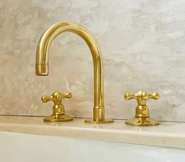 Unlacquered Brass Bathroom Faucet, 3-Hole Deck Mount Vanity Faucet, Solid Brass Faucet with Dual Handles