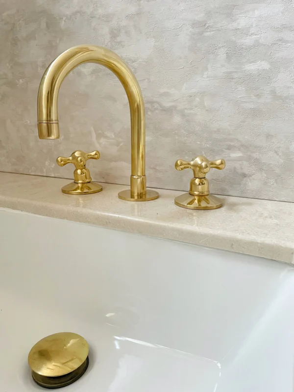 Unlacquered Brass Bathroom Faucet, 3-Hole Deck Mount Vanity Faucet, Solid Brass Faucet with Dual Handles - Image 4