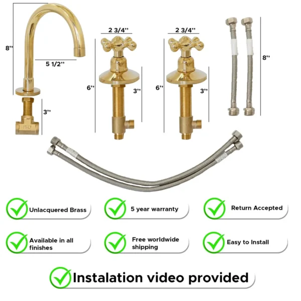 Unlacquered Brass Bathroom Faucet, 3-Hole Deck Mount Vanity Faucet, Solid Brass Faucet with Dual Handles - Image 7