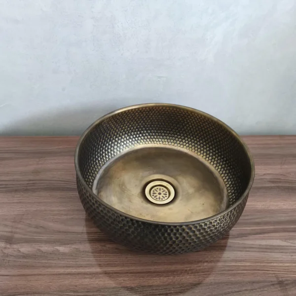 Handmade Moroccan Hammered Brass Sink – Round Artisanal Bathroom & Kitchen Basin with Matching Drain - Image 2