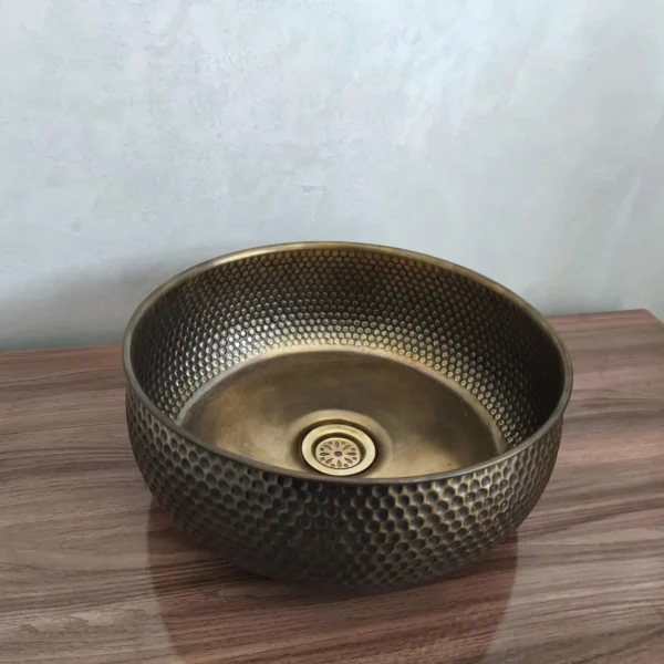 Handmade Moroccan Hammered Brass Sink – Round Artisanal Bathroom & Kitchen Basin with Matching Drain - Image 3