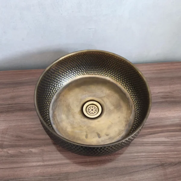 Handmade Moroccan Hammered Brass Sink – Round Artisanal Bathroom & Kitchen Basin with Matching Drain - Image 5
