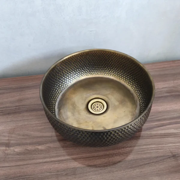Handmade Moroccan Hammered Brass Sink – Round Artisanal Bathroom & Kitchen Basin with Matching Drain - Image 9