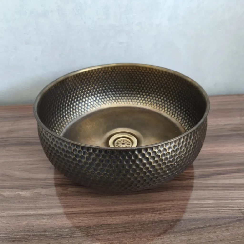 Handmade Moroccan Hammered Brass Sink – Round Artisanal Bathroom & Kitchen Basin with Matching Drain
