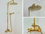 Unlacquered Brass Rainfall Shower System, Solid Brass Exposed Shower with Handheld, Luxury Vintage Bathroom Upgrade with Cross Handles