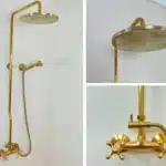 Unlacquered Brass Rainfall Shower System, Solid Brass Exposed Shower with Handheld, Luxury Vintage Bathroom Upgrade with Cross Handles