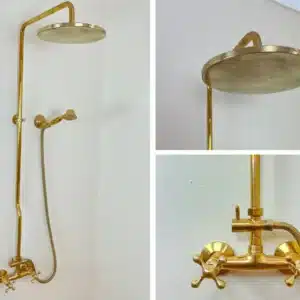 Unlacquered Brass Rainfall Shower System, Solid Brass Exposed Shower with Handheld, Luxury Vintage Bathroom Upgrade with Cross Handles