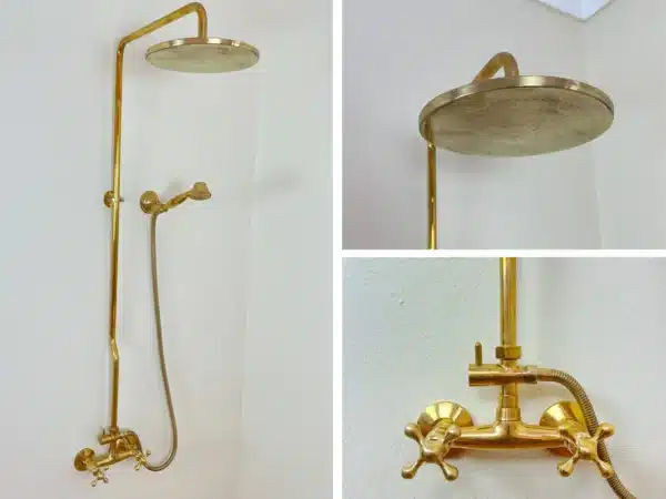 Unlacquered Brass Rainfall Shower System, Solid Brass Exposed Shower with Handheld, Luxury Vintage Bathroom Upgrade with Cross Handles