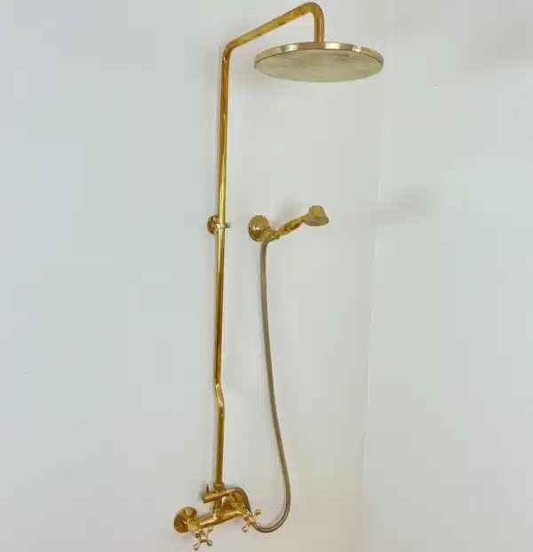 Unlacquered Brass Rainfall Shower System, Solid Brass Exposed Shower with Handheld, Luxury Vintage Bathroom Upgrade with Cross Handles - Image 5