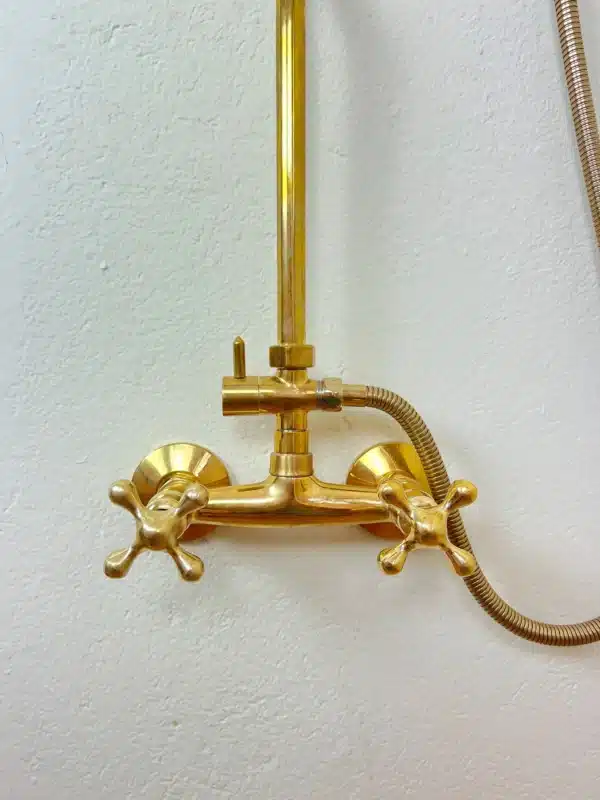 Unlacquered Brass Rainfall Shower System, Solid Brass Exposed Shower with Handheld, Luxury Vintage Bathroom Upgrade with Cross Handles - Image 7