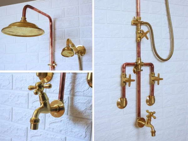 Trio Handcrafted Solid Copper Brass Shower System, Luxury Rainfall Shower Head with Handheld & Wall-Mount, Custom Bathroom Set - Image 4