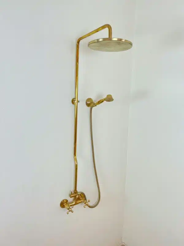 Unlacquered Brass Rainfall Shower System, Solid Brass Exposed Shower with Handheld, Luxury Vintage Bathroom Upgrade with Cross Handles - Image 11
