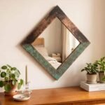 Copper Diamond Mirror with Verdigris Green Patina, Moroccan Geometric Wall Decor, Textured Antique Metal Vanity Mirror for Bathroom, Bedroom or Entryway