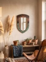 Shield Copper Mirror with Green Verdigris Patina, Handmade Moroccan Wall Mirror, Hammered Antique Copper Vanity Mirror for Bathroom, Bedroom or Entryway Decor Art - Image 3