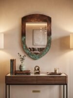 Shield Copper Mirror with Green Verdigris Patina, Handmade Moroccan Wall Mirror, Hammered Antique Copper Vanity Mirror for Bathroom, Bedroom or Entryway Decor Art