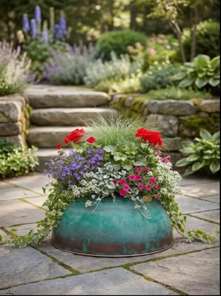 Copper low bowl planter with green patina