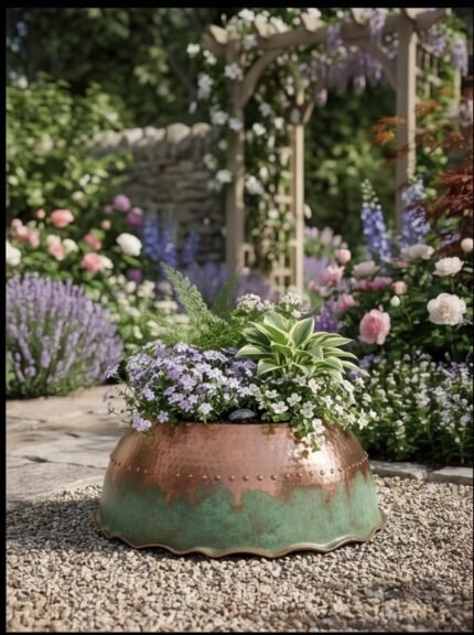 Copper dome bowl planter with green patina