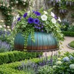 Copper hanging planter with blue green patina