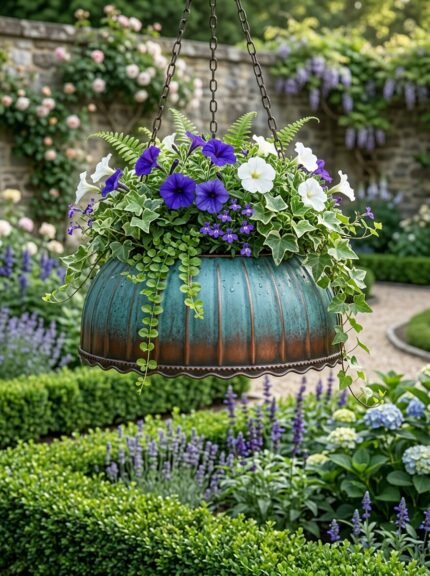 Copper hanging planter with blue green patina