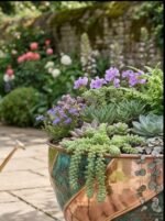Handcrafted Hammered Copper Swirl Bowl Planter, Large Green Patina Flower Pot, Rustic Indoor Outdoor Garden Decor - Image 3