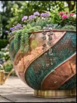 Handcrafted Hammered Copper Swirl Bowl Planter, Large Green Patina Flower Pot, Rustic Indoor Outdoor Garden Decor - Image 5