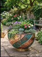 Handcrafted Hammered Copper Swirl Bowl Planter, Large Green Patina Flower Pot, Rustic Indoor Outdoor Garden Decor - Image 7
