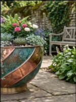 Handcrafted Hammered Copper Swirl Bowl Planter, Large Green Patina Flower Pot, Rustic Indoor Outdoor Garden Decor - Image 9
