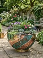 Handcrafted Hammered Copper Swirl Bowl Planter, Large Green Patina Flower Pot, Rustic Indoor Outdoor Garden Decor - Image 10