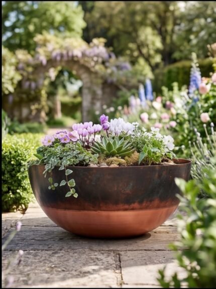 Handcrafted copper bowl planter with green patina