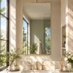 Suspended Rectangular Brass Mirror | Hanging Vanity Mirror with Flat Frame | Antique Brass Ceiling-Mounted Mirror | Custom Size