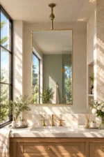 Suspended Rectangular Brass Mirror | Hanging Vanity Mirror with Flat Frame | Antique Brass Ceiling-Mounted Mirror | Custom Size