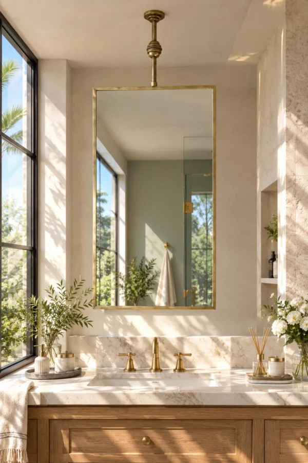 Suspended Rectangular Brass Mirror | Hanging Vanity Mirror with Flat Frame | Antique Brass Ceiling-Mounted Mirror | Custom Size